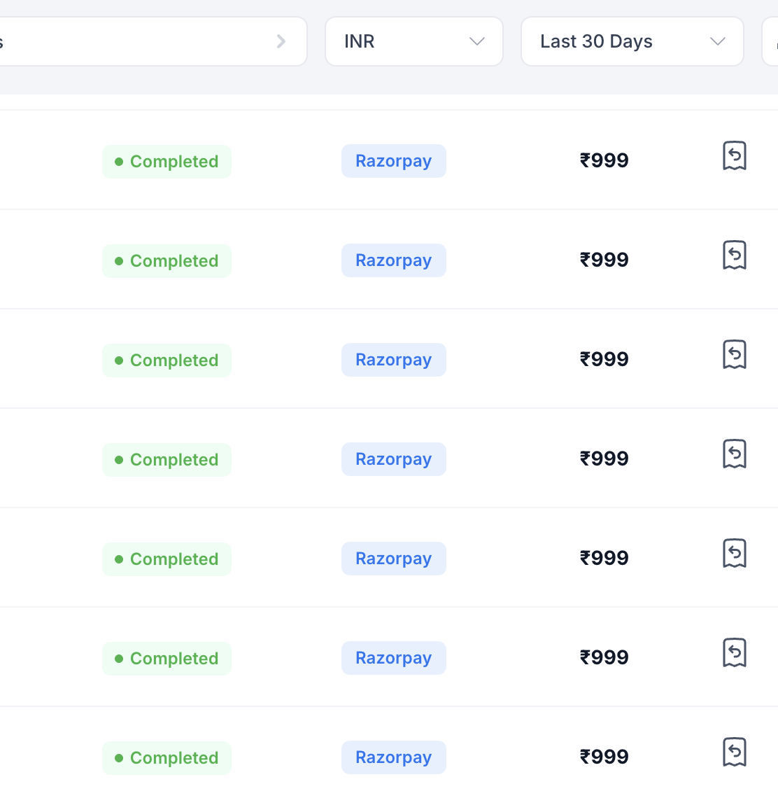 Front-end sales payment screenshot