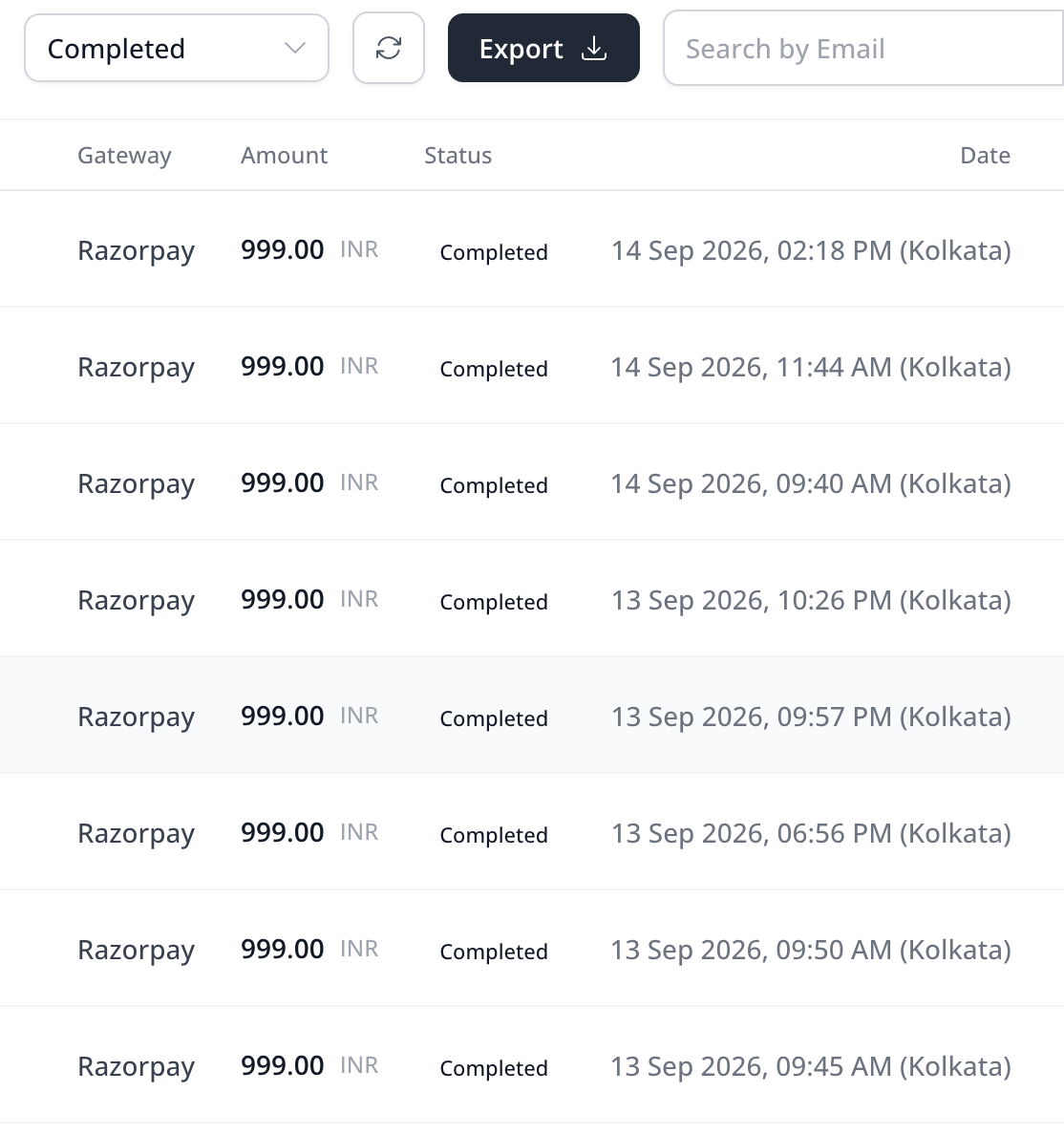 Front-end sales payment screenshot