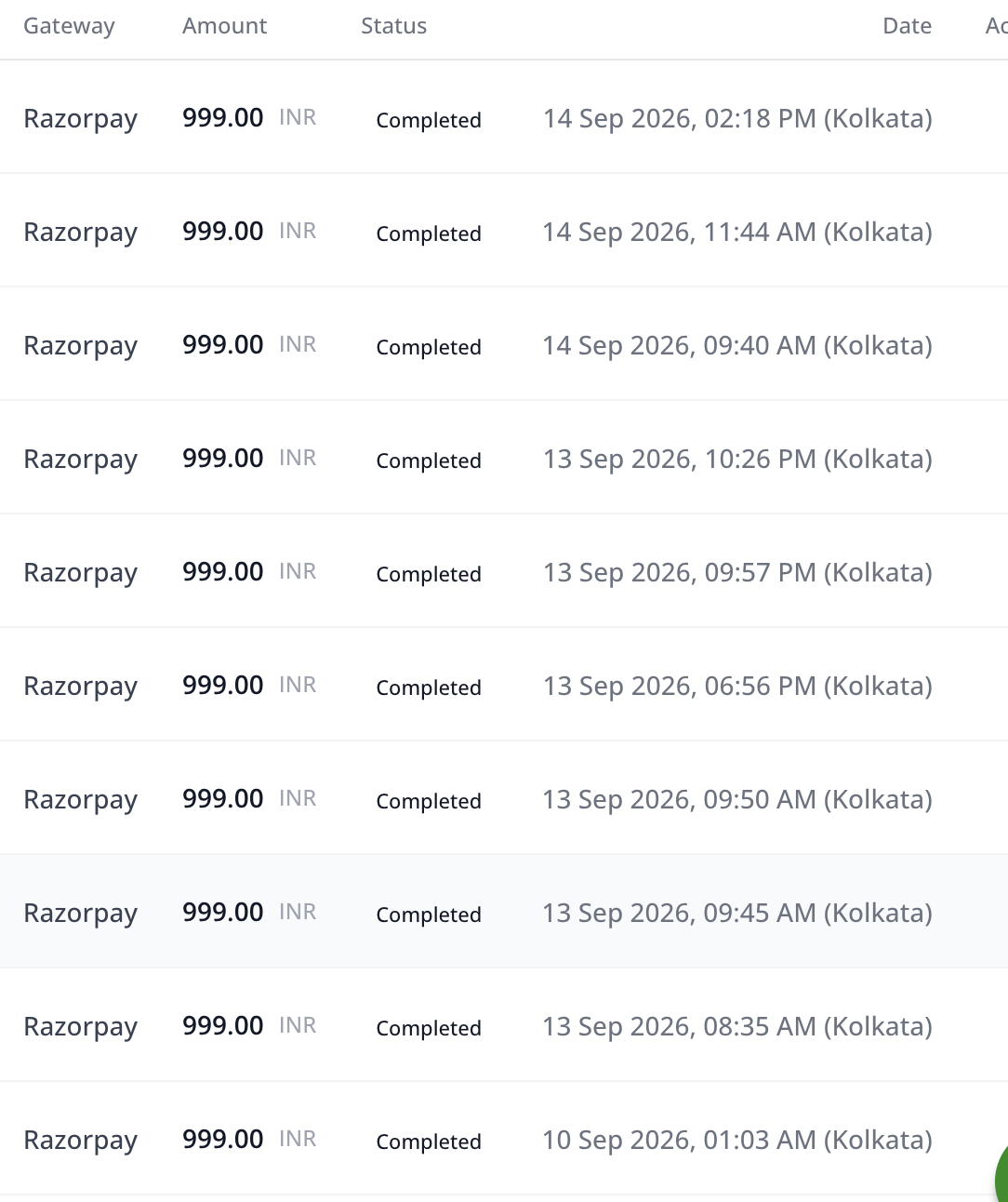 Front-end sales payment screenshot