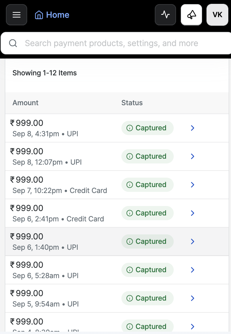 Front-end sales payment screenshot